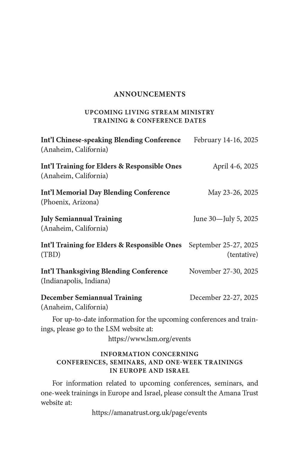 Announcements and Reports